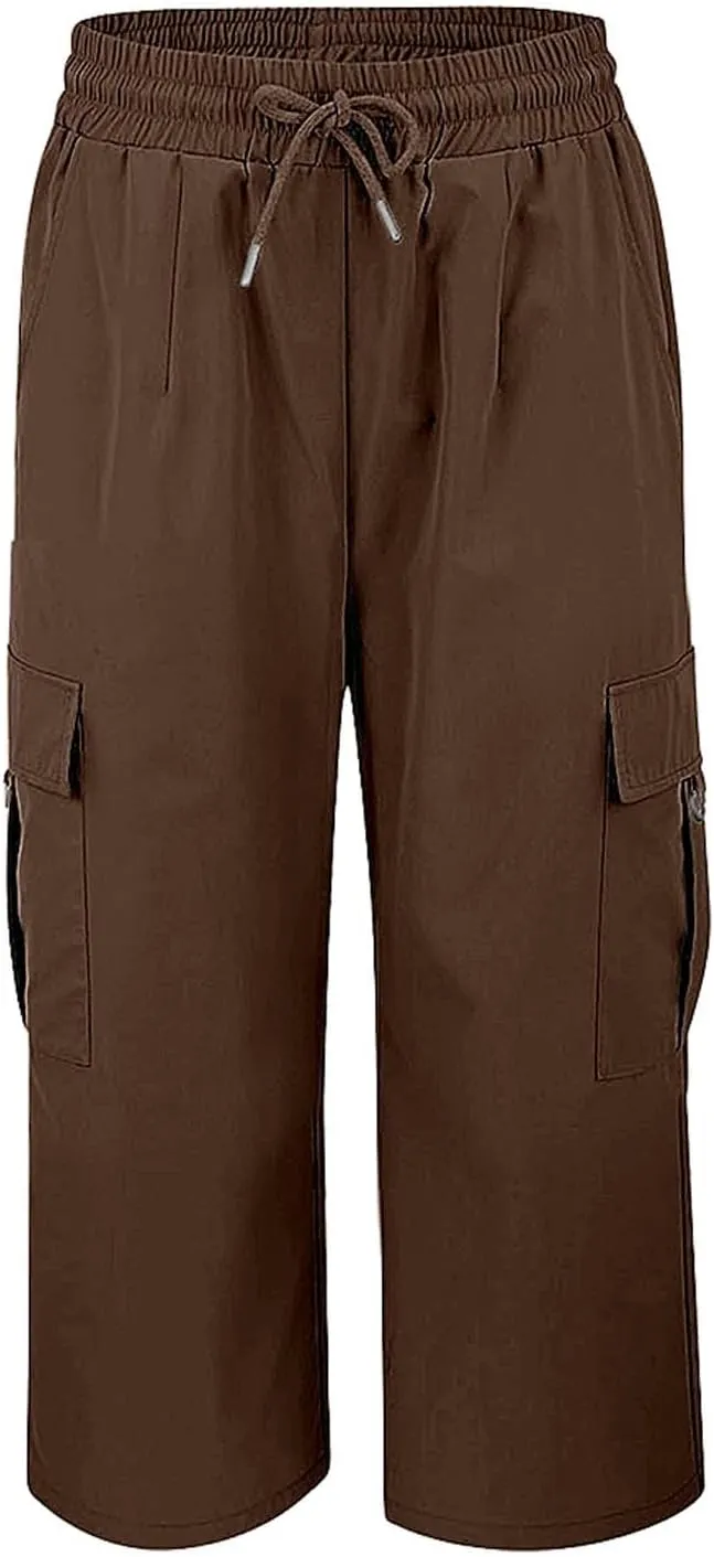 Cargo Capris for Women with Pocket Summer Mid Rise Lightweight Elastic Waist Pants Stretchy Tactical Tavel Hiking Pant