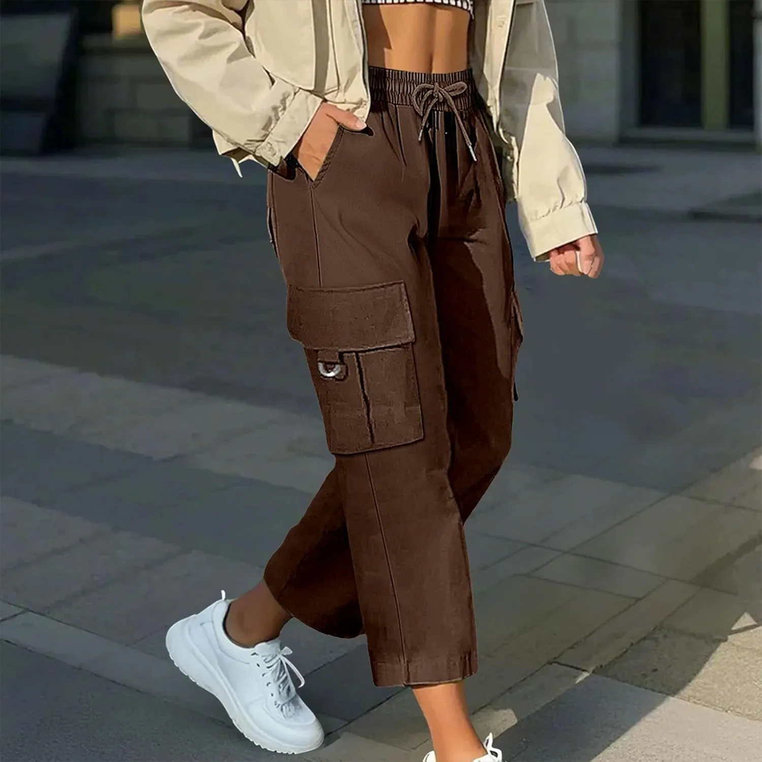 Cargo Capris for Women with Pocket Summer Mid Rise Lightweight Elastic Waist Pants Stretchy Tactical Tavel Hiking Pant