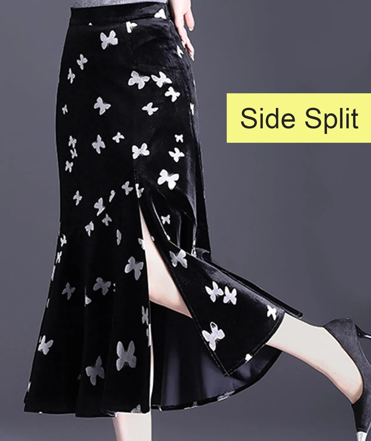 Casual High Waist Velvet Skirt for Women A-Line Elastic Waist Flare Pleated Side Split Midi Skirts