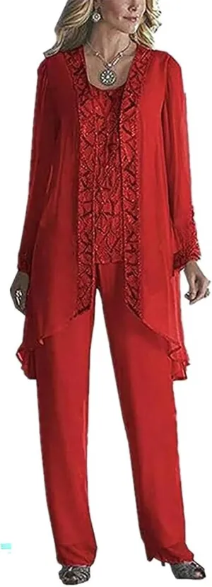 Chiffon Wedding Pant Suits 3 Pieces Formal Mother of The Bride Pant Suits for Women