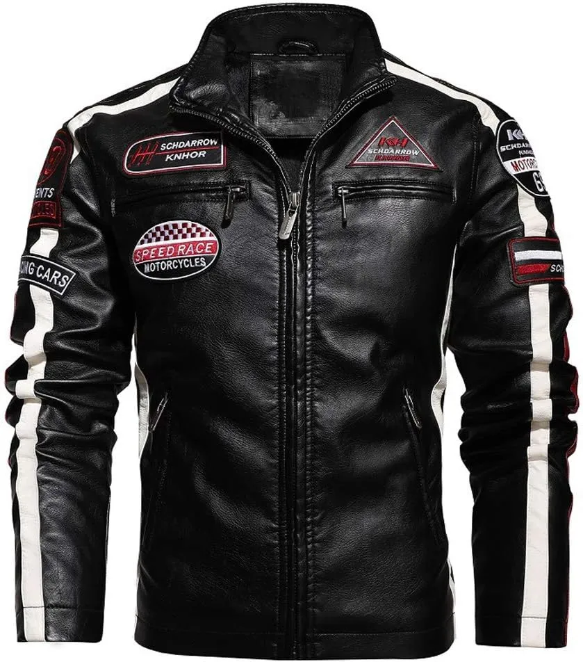 chouyatou Men's Thermal Fleece Lined Patchwork Moto Racer Faux Leather Jacket