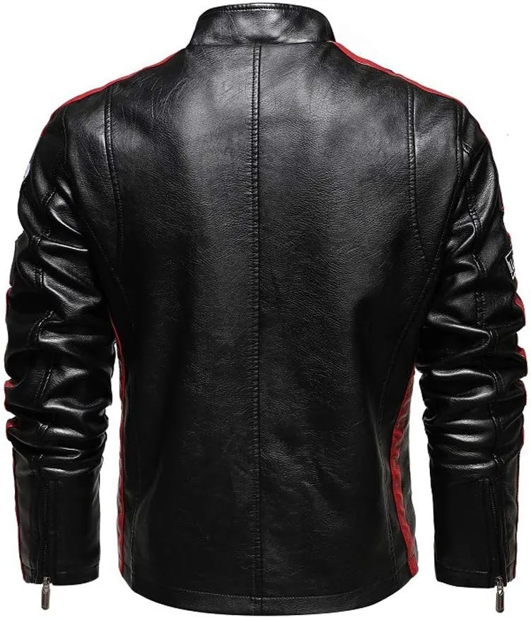 chouyatou Men's Thermal Fleece Lined Patchwork Moto Racer Faux Leather Jacket