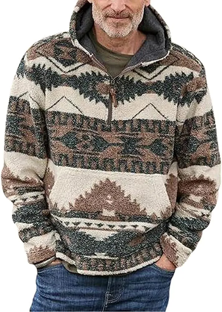 chouyatou Men's Tribal Aztec Printed 1/4 Zip Fuzzy Sherpa Pullover Sweatshirt Hoodie