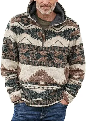 chouyatou Men's Tribal Aztec Printed 1/4 Zip Fuzzy Sherpa Pullover Sweatshirt Hoodie