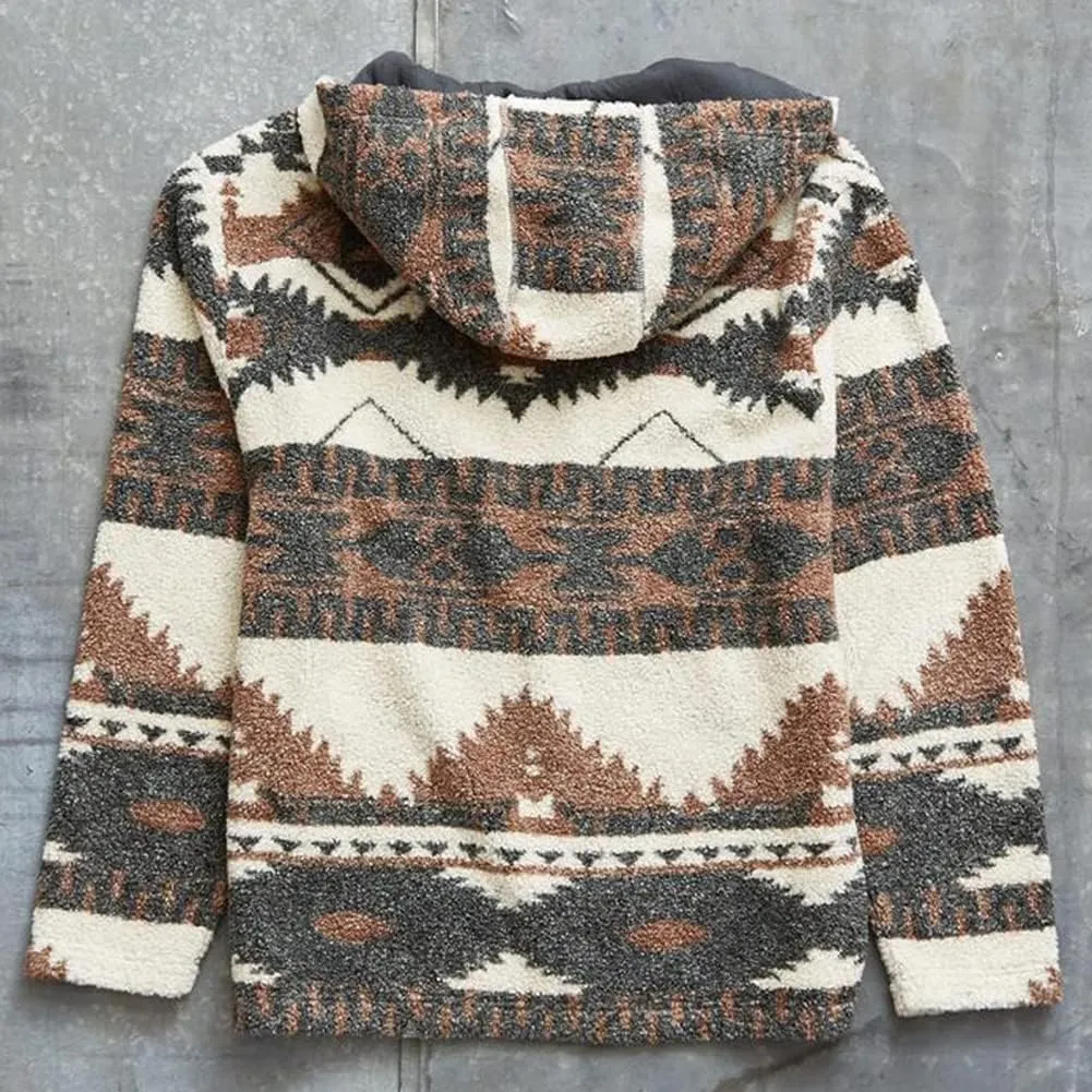 chouyatou Men's Tribal Aztec Printed 1/4 Zip Fuzzy Sherpa Pullover Sweatshirt Hoodie