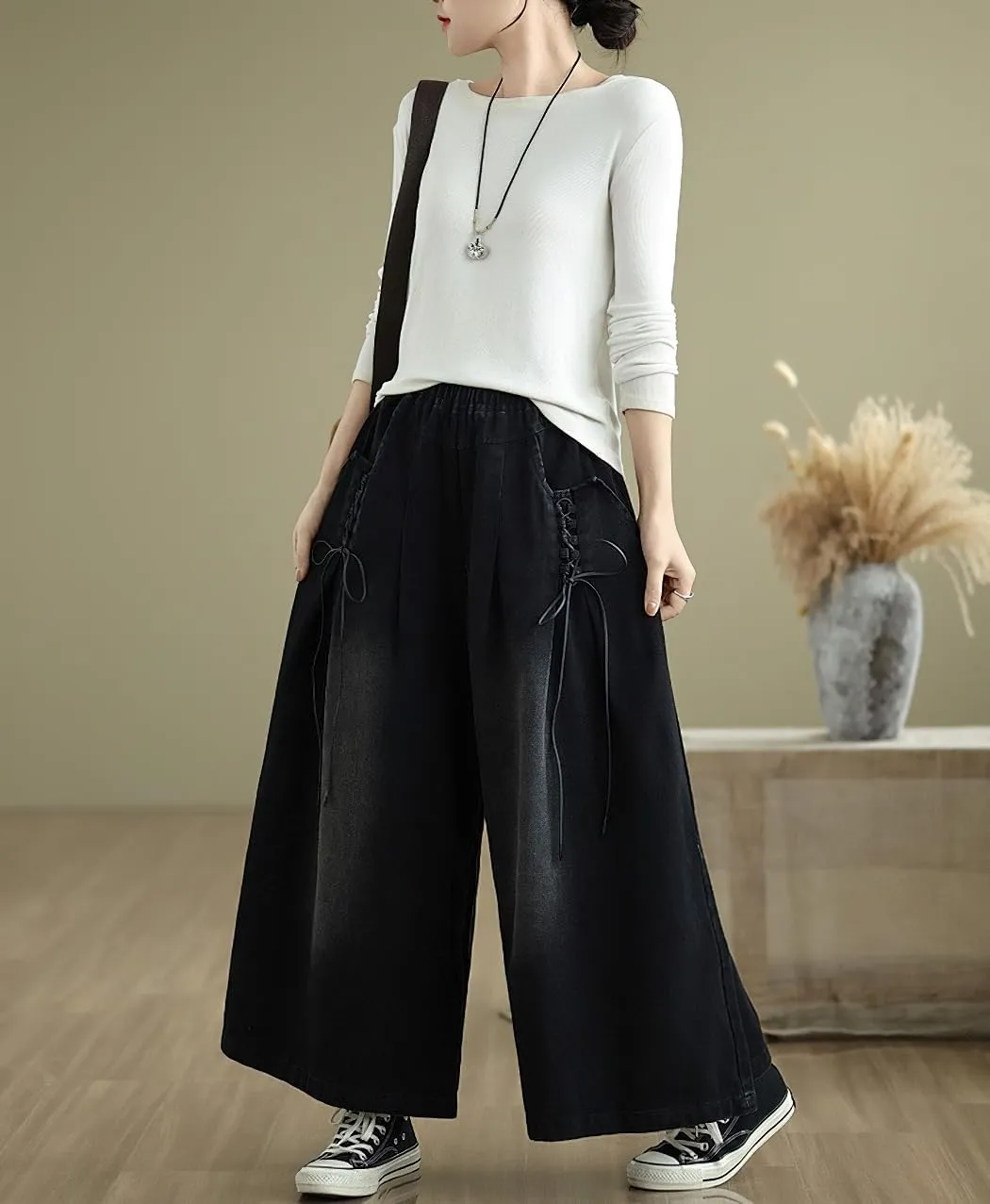 chouyatou Women's Casual Wide Leg Denim Pants Baggy Culotte Jeans Elastic Waist Loose Trousers