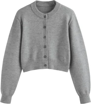 CIDER Womens Cropped Cardigan Button Down Long Sleeve Crew Neck Lightweight Knit Sweater Top