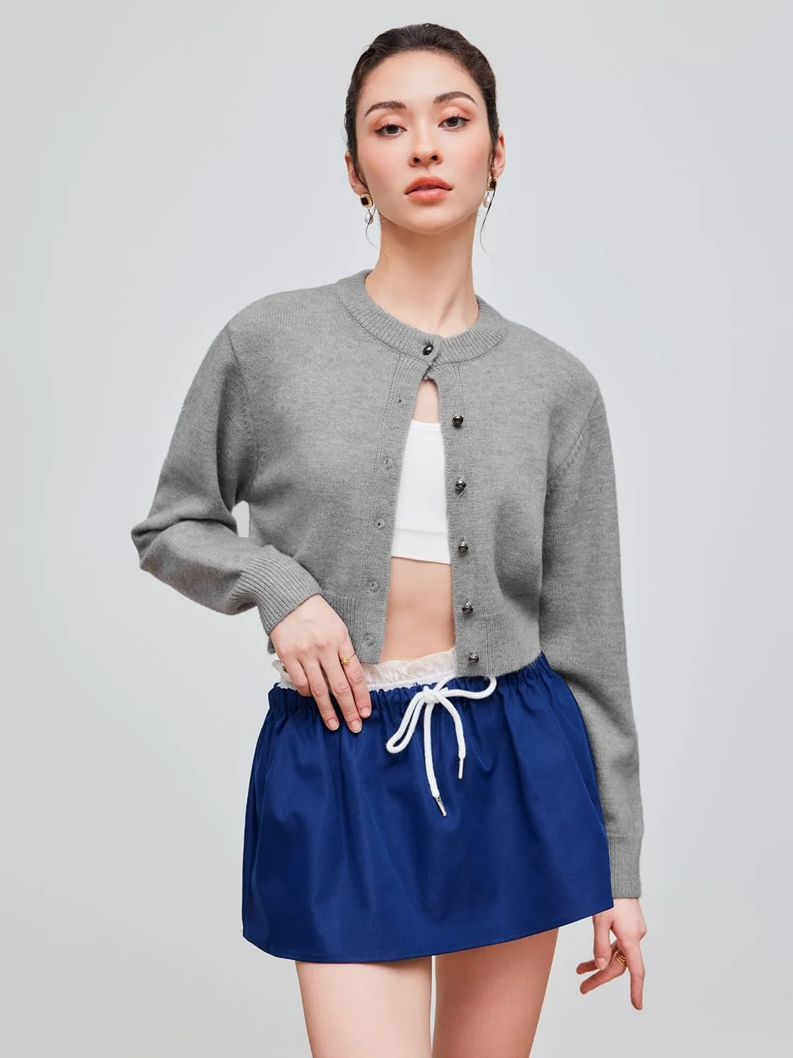 CIDER Womens Cropped Cardigan Button Down Long Sleeve Crew Neck Lightweight Knit Sweater Top