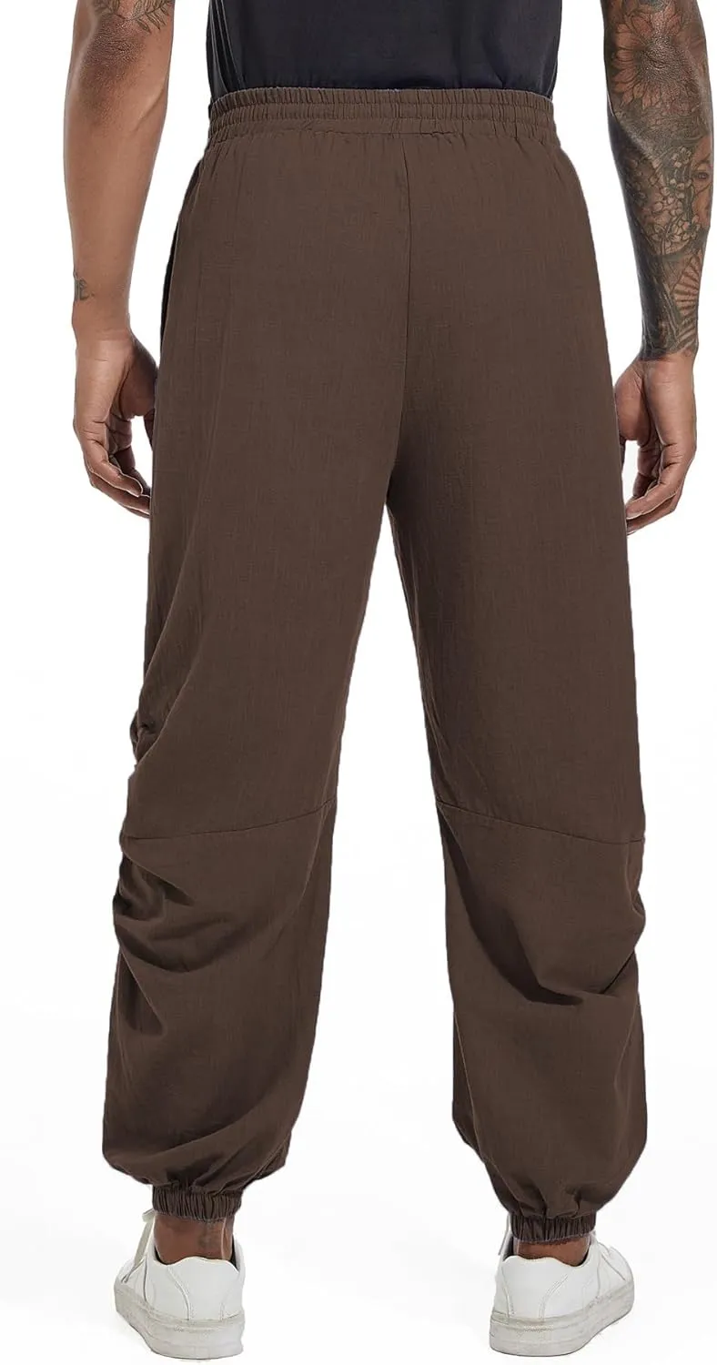 CLANMILUMS Mens Cotton Linen Drawstring Pants Elastic Waist Casual Jogger Yoga Pants