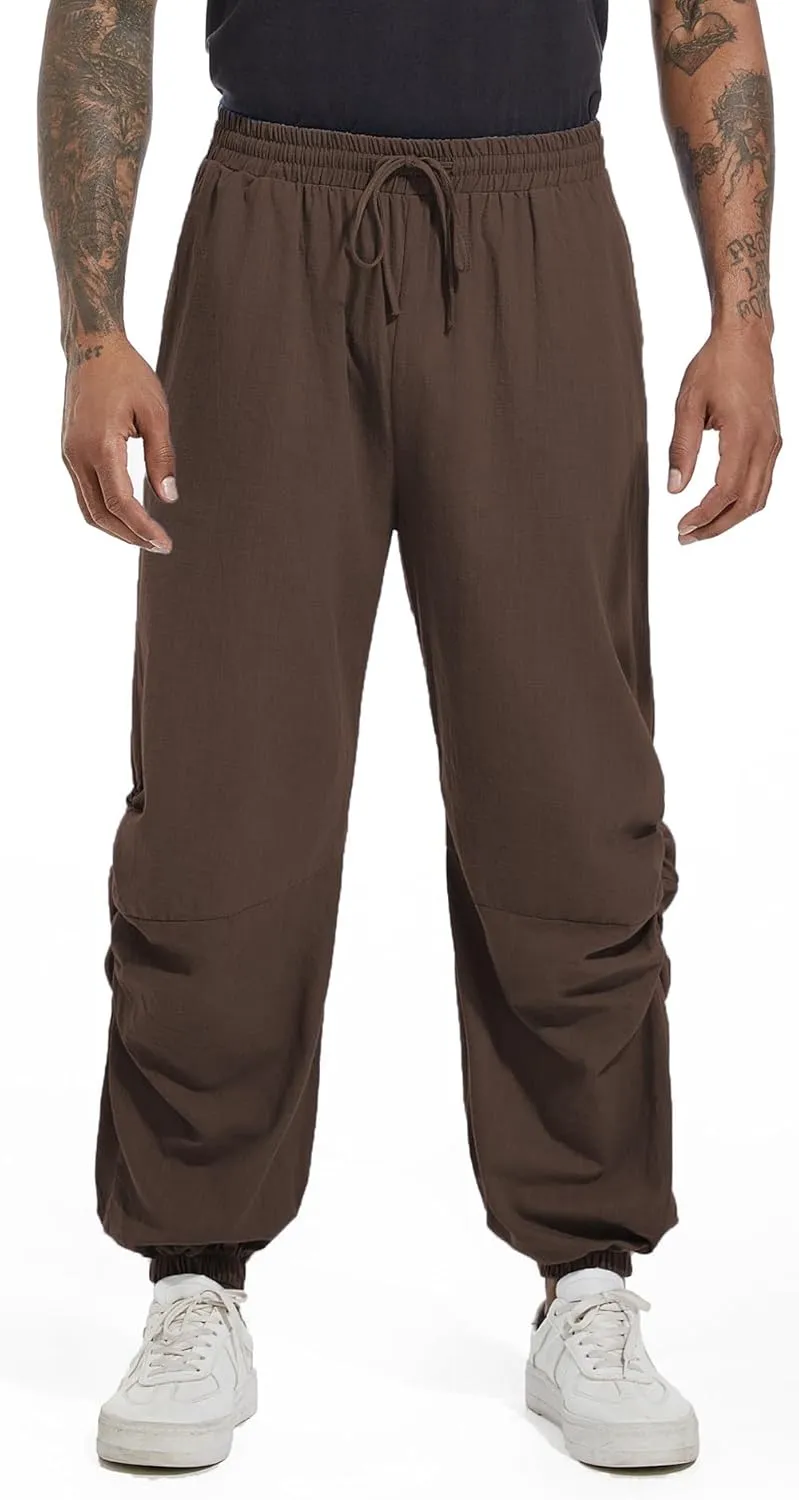 CLANMILUMS Mens Cotton Linen Drawstring Pants Elastic Waist Casual Jogger Yoga Pants