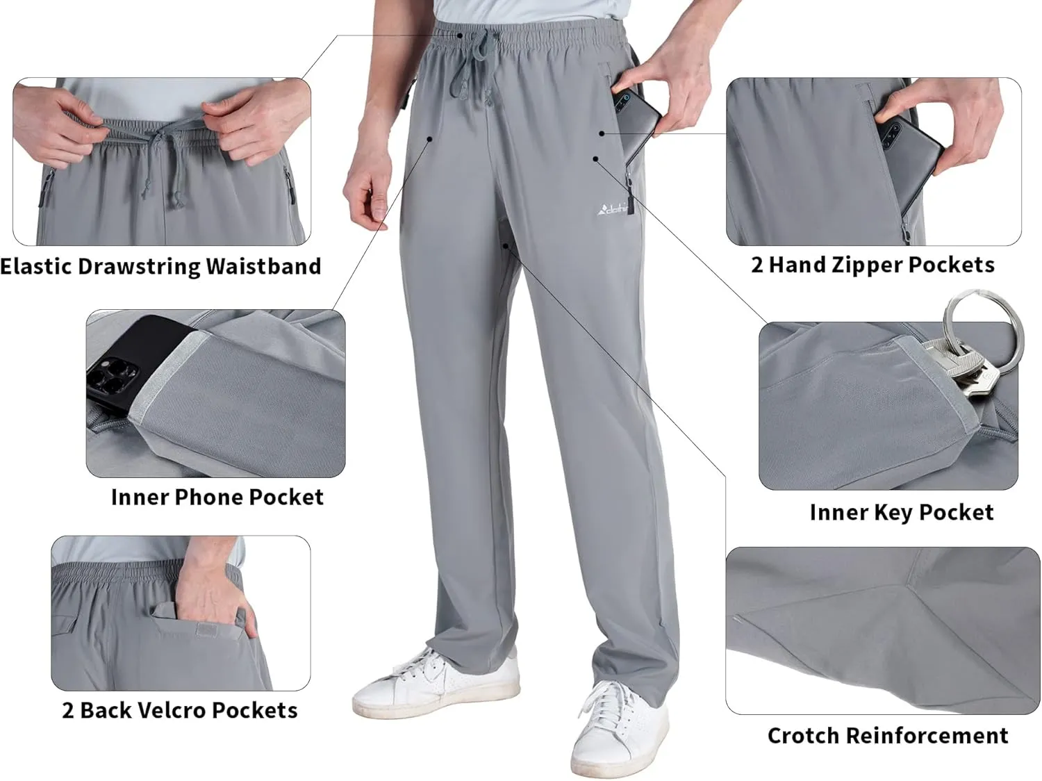 clothin Men's Lightweight Elastic Waist Pants Drawstring Athletic Sweatpants with Zipper Pockets for Hiking Casual Travel