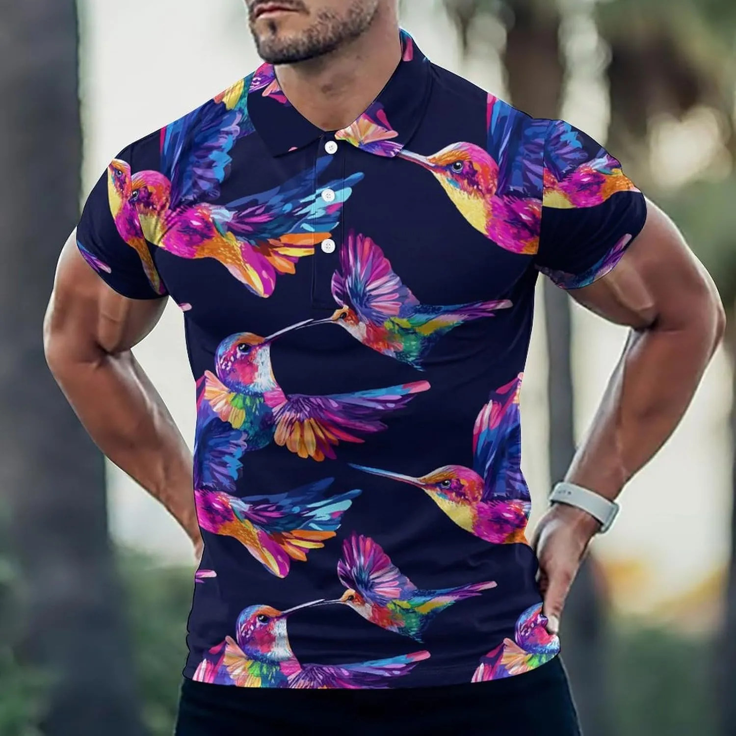 Colorful Hummingbird Bird Watercolor Slim Fit Men's Short Sleeve Polo Shirts Quick-Dry Breathable Golf T-Shirt Tops