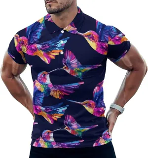 Colorful Hummingbird Bird Watercolor Slim Fit Men's Short Sleeve Polo Shirts Quick-Dry Breathable Golf T-Shirt Tops