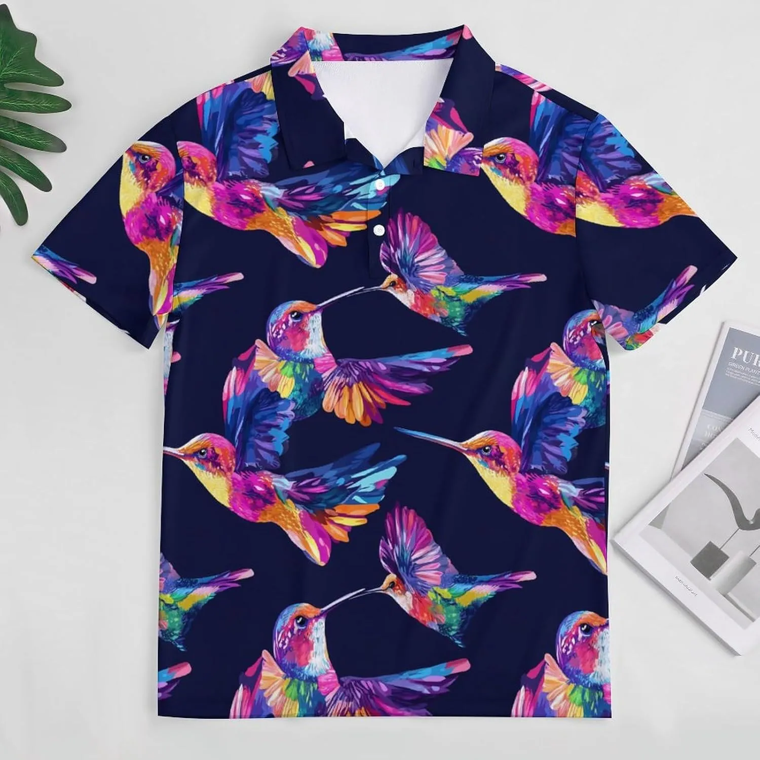 Colorful Hummingbird Bird Watercolor Slim Fit Men's Short Sleeve Polo Shirts Quick-Dry Breathable Golf T-Shirt Tops