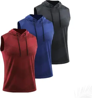 Convenientto 3-Pack Sleeveless Hooded Workout Shirts, Men's Quick-Dry Gym Hiking Sports Breathable Tee, Athletic Tank Tops