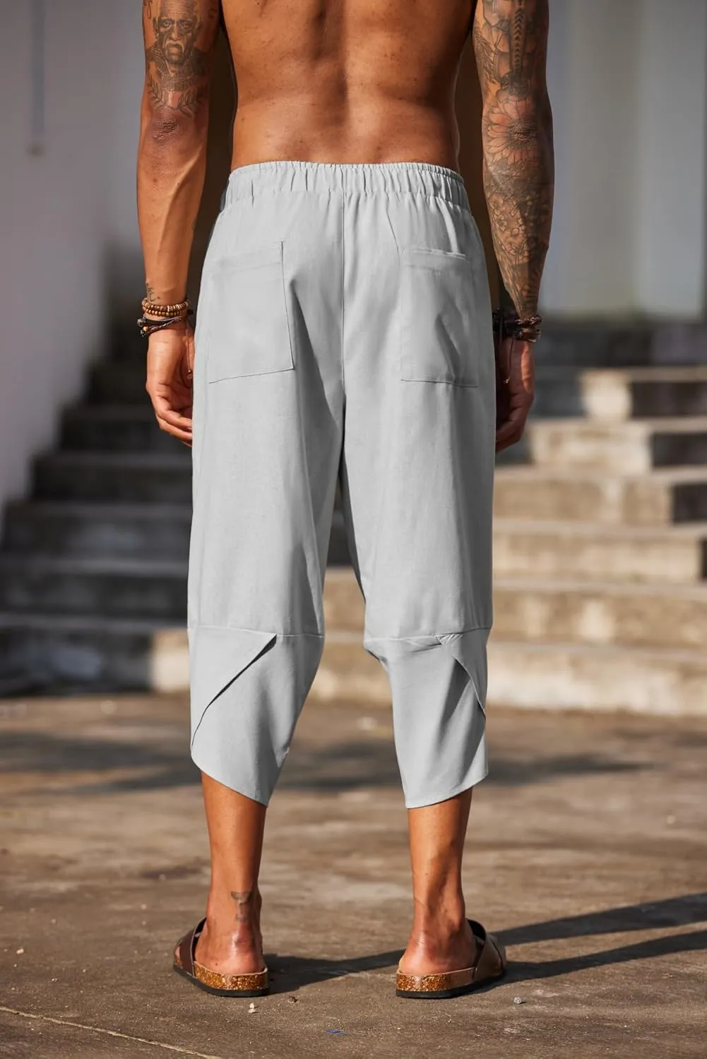 COOFANDY Men's Linen Harem Capri Pants Lightweight Loose 3/4 Shorts Drawstring Elastic Waist Casual Beach Boho Yoga Trousers