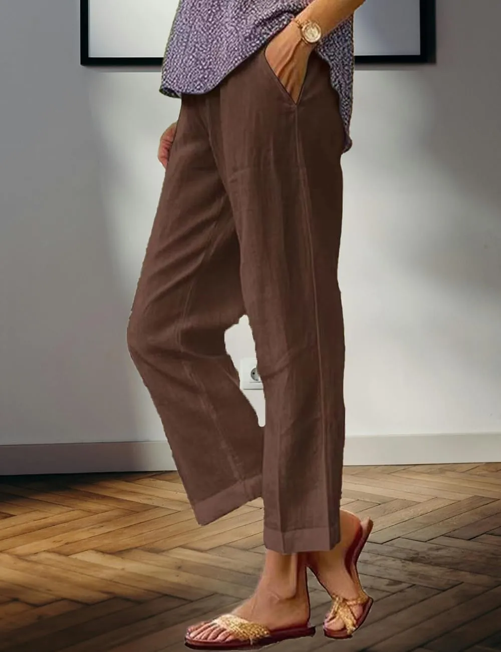Costaric Cotton Linen Floral Cropped Pants for Women Summer Elastic Waist Straight Wide Leg Boho Beach Trouser with Pockets