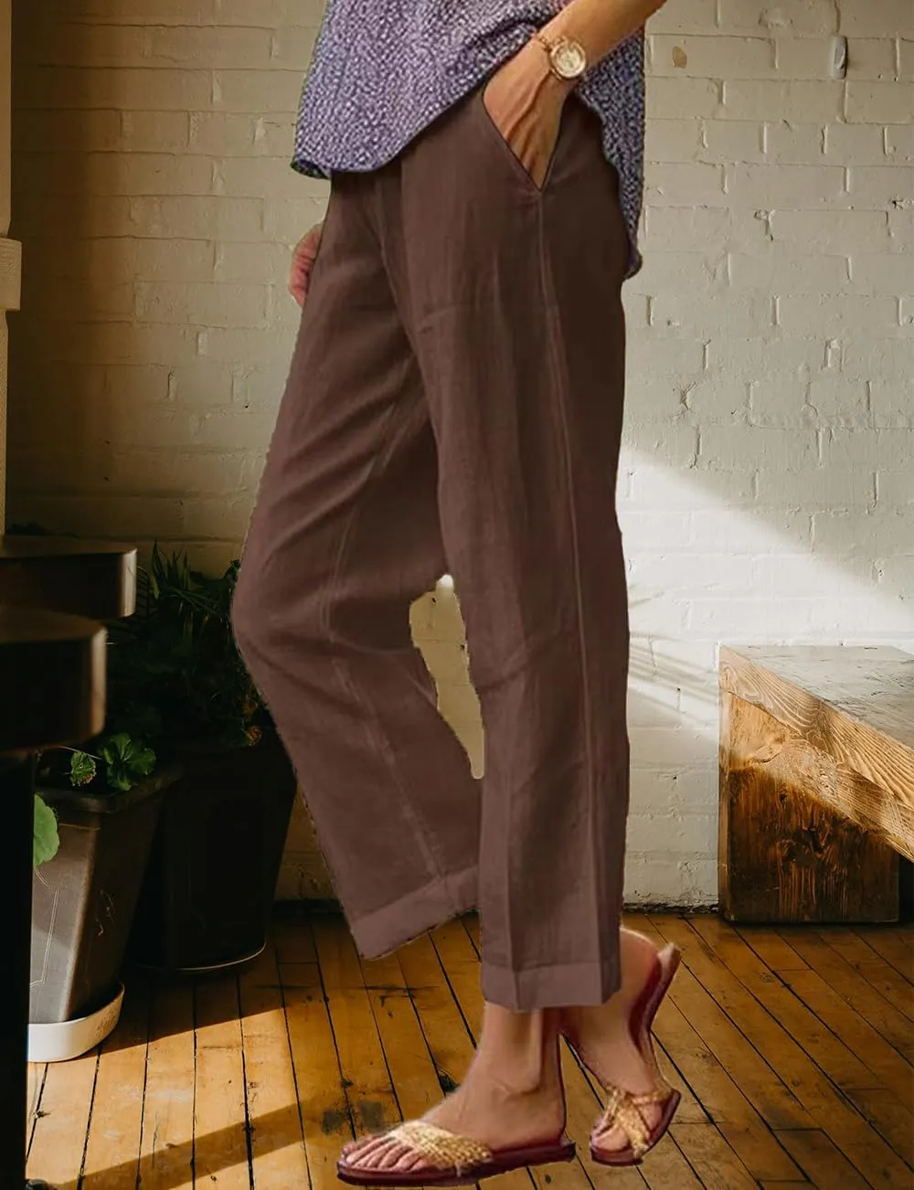 Costaric Cotton Linen Floral Cropped Pants for Women Summer Elastic Waist Straight Wide Leg Boho Beach Trouser with Pockets