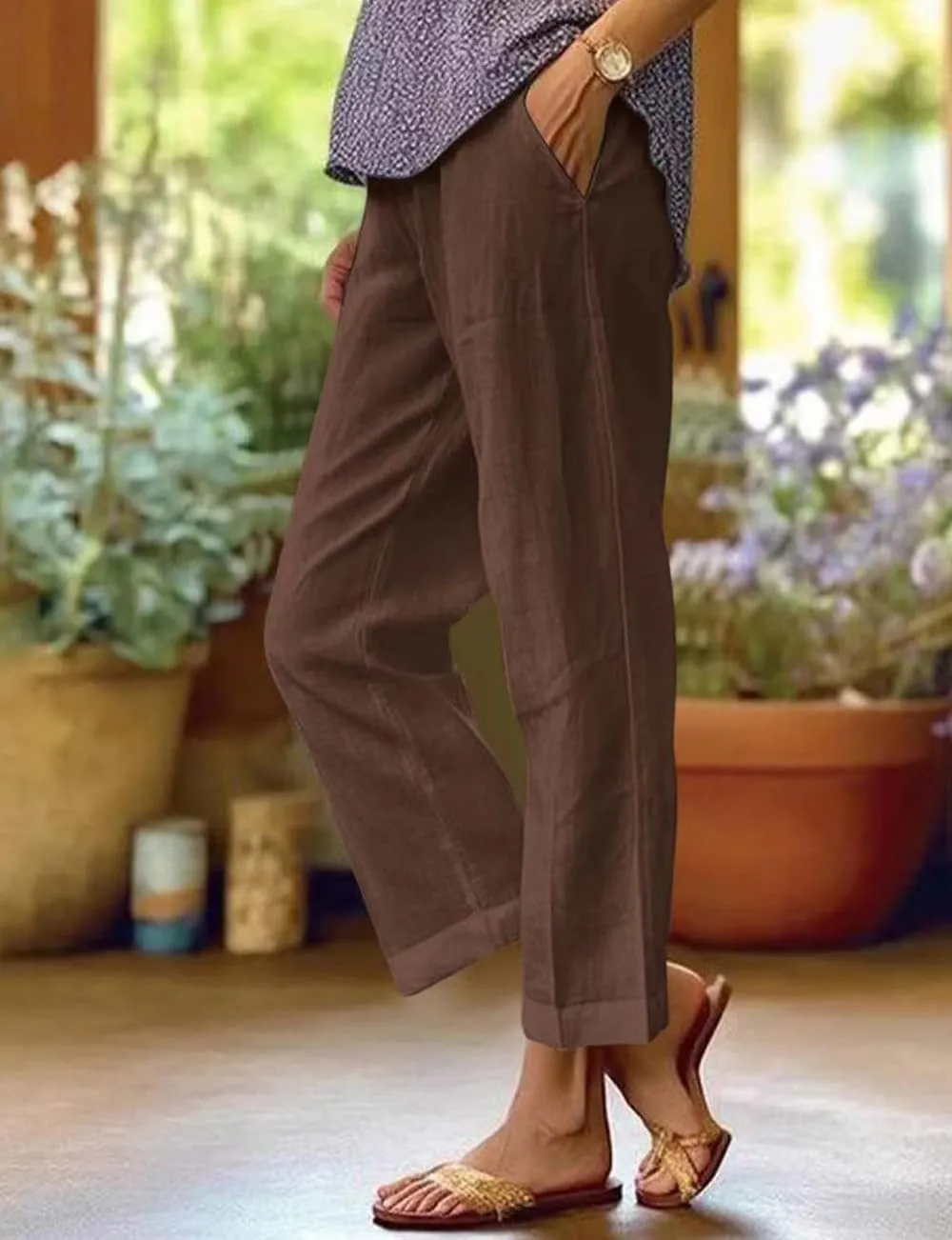 Costaric Cotton Linen Floral Cropped Pants for Women Summer Elastic Waist Straight Wide Leg Boho Beach Trouser with Pockets