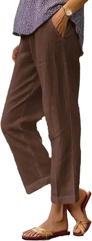 Costaric Cotton Linen Floral Cropped Pants for Women Summer Elastic Waist Straight Wide Leg Boho Beach Trouser with Pockets