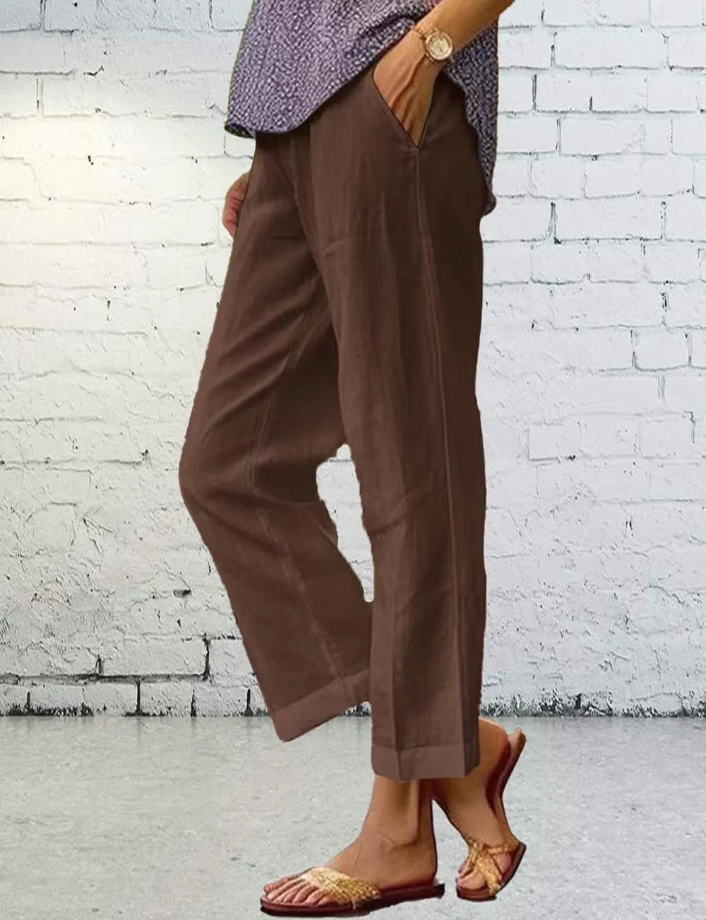 Costaric Cotton Linen Floral Cropped Pants for Women Summer Elastic Waist Straight Wide Leg Boho Beach Trouser with Pockets