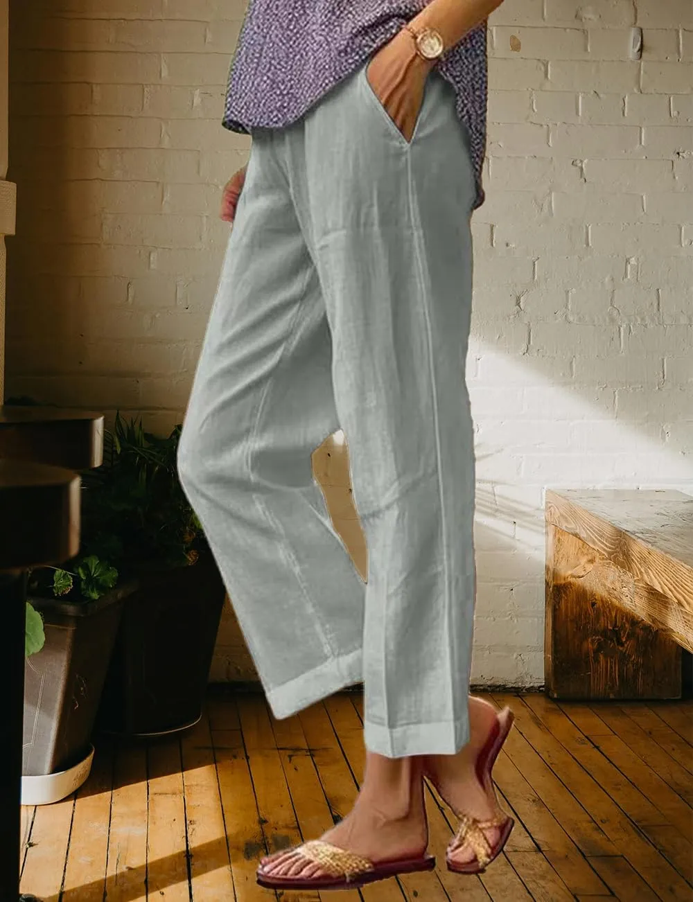 Costaric Cotton Linen Floral Cropped Pants for Women Summer Elastic Waist Straight Wide Leg Boho Beach Trouser with Pockets