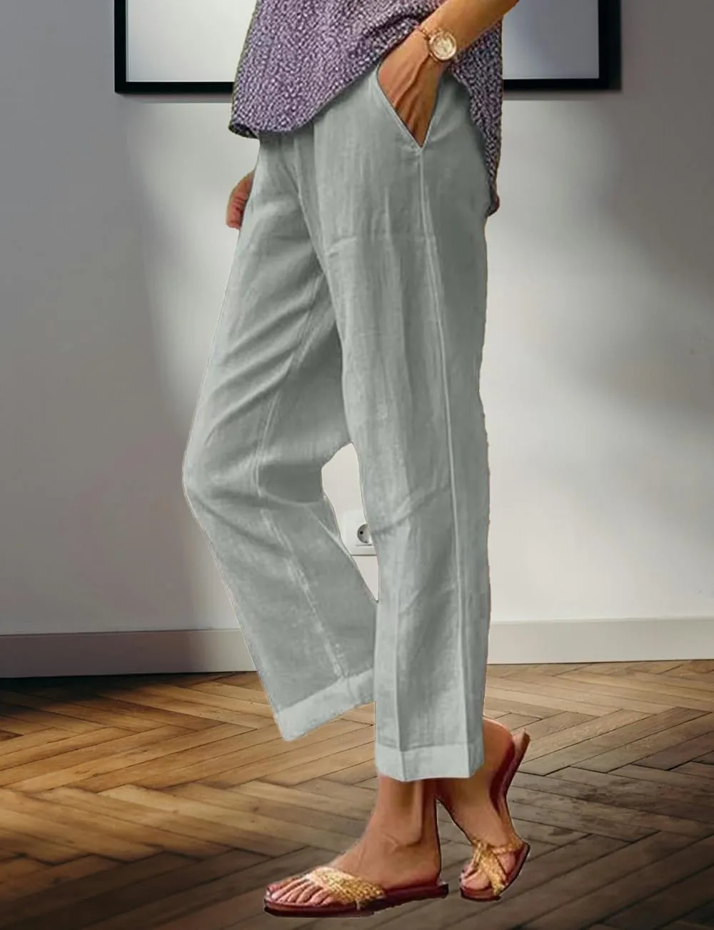 Costaric Cotton Linen Floral Cropped Pants for Women Summer Elastic Waist Straight Wide Leg Boho Beach Trouser with Pockets