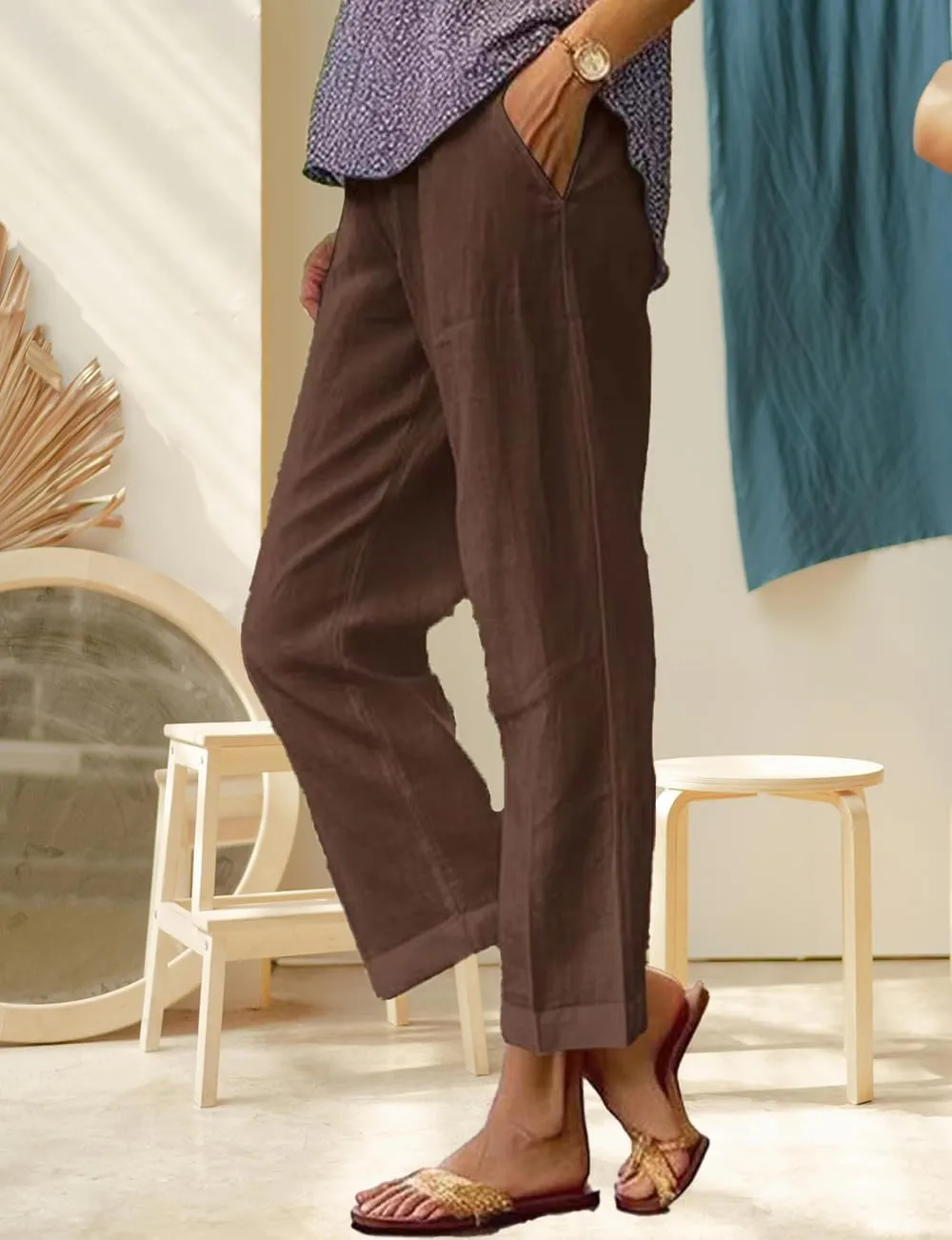 Costaric Cotton Linen Floral Cropped Pants for Women Summer Elastic Waist Straight Wide Leg Boho Beach Trouser with Pockets