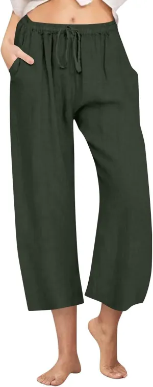 Cotton Linen Pants for Women 2025 Wide Leg Cropped Lounge Trousers Drawstring Elastic Waist Summer Beach Pant Outfits