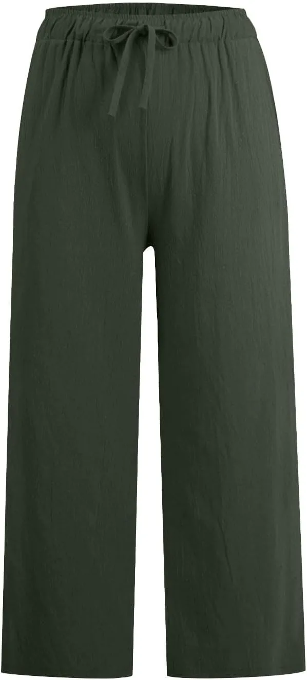 Cotton Linen Pants for Women 2025 Wide Leg Cropped Lounge Trousers Drawstring Elastic Waist Summer Beach Pant Outfits