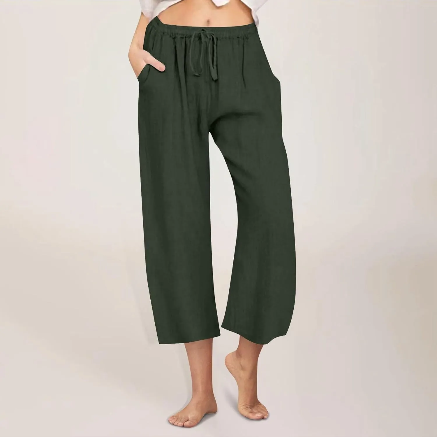 Cotton Linen Pants for Women 2025 Wide Leg Cropped Lounge Trousers Drawstring Elastic Waist Summer Beach Pant Outfits