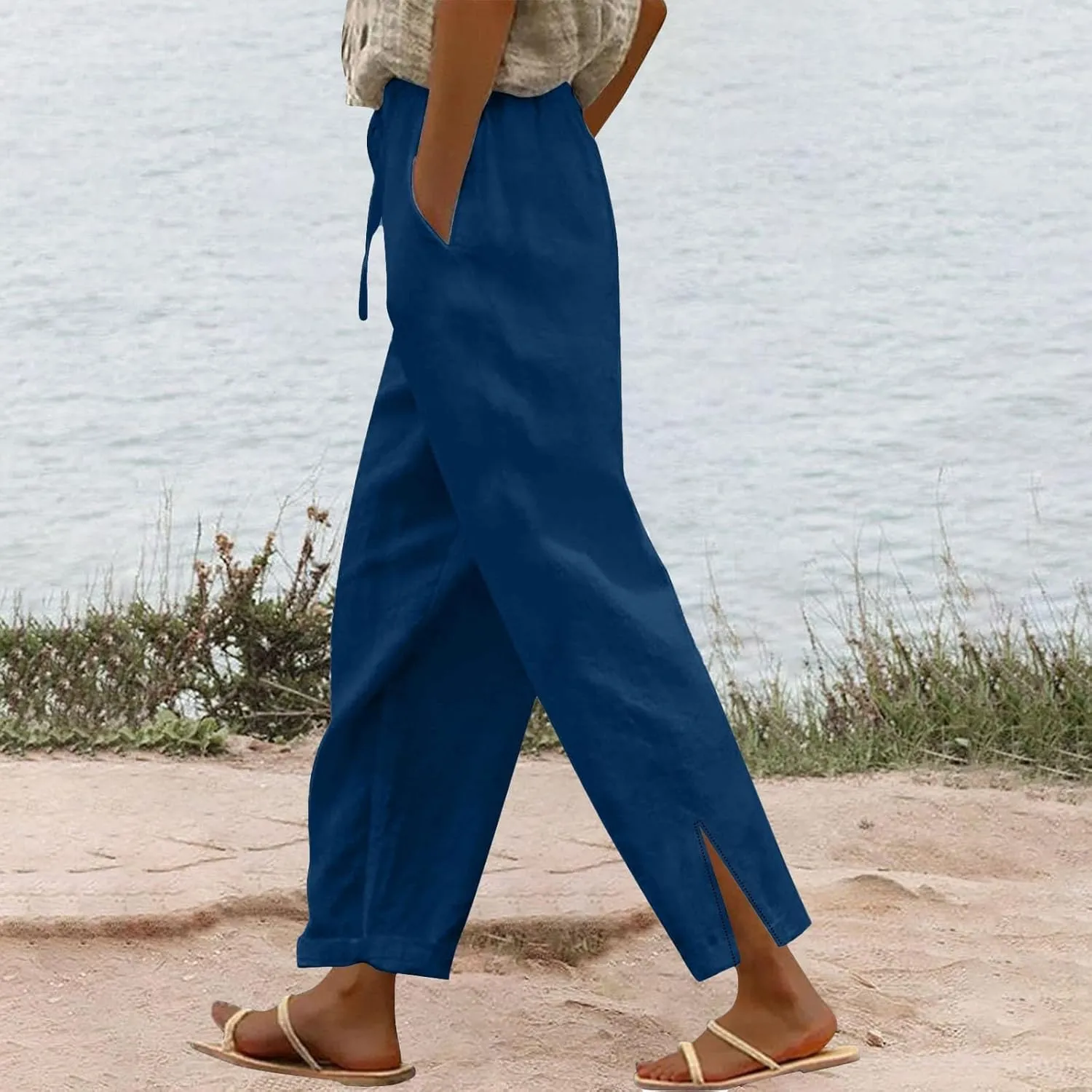 Cotton Linen Pants for Women Summer Beach Lounge with Pockets Loose Fit Casual Elastic Waist Trousers