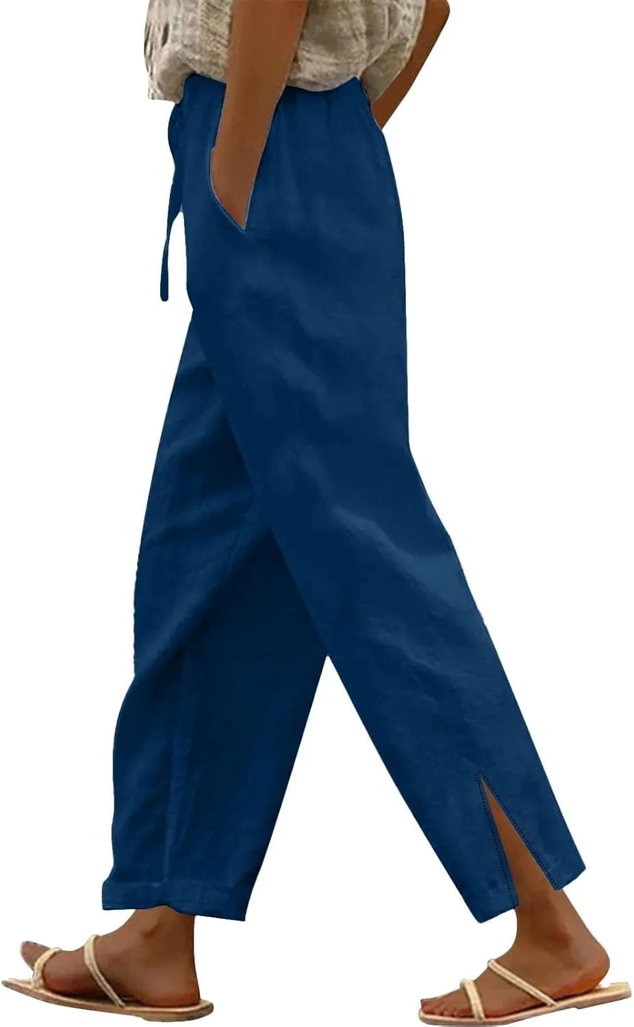 Cotton Linen Pants for Women Summer Beach Lounge with Pockets Loose Fit Casual Elastic Waist Trousers