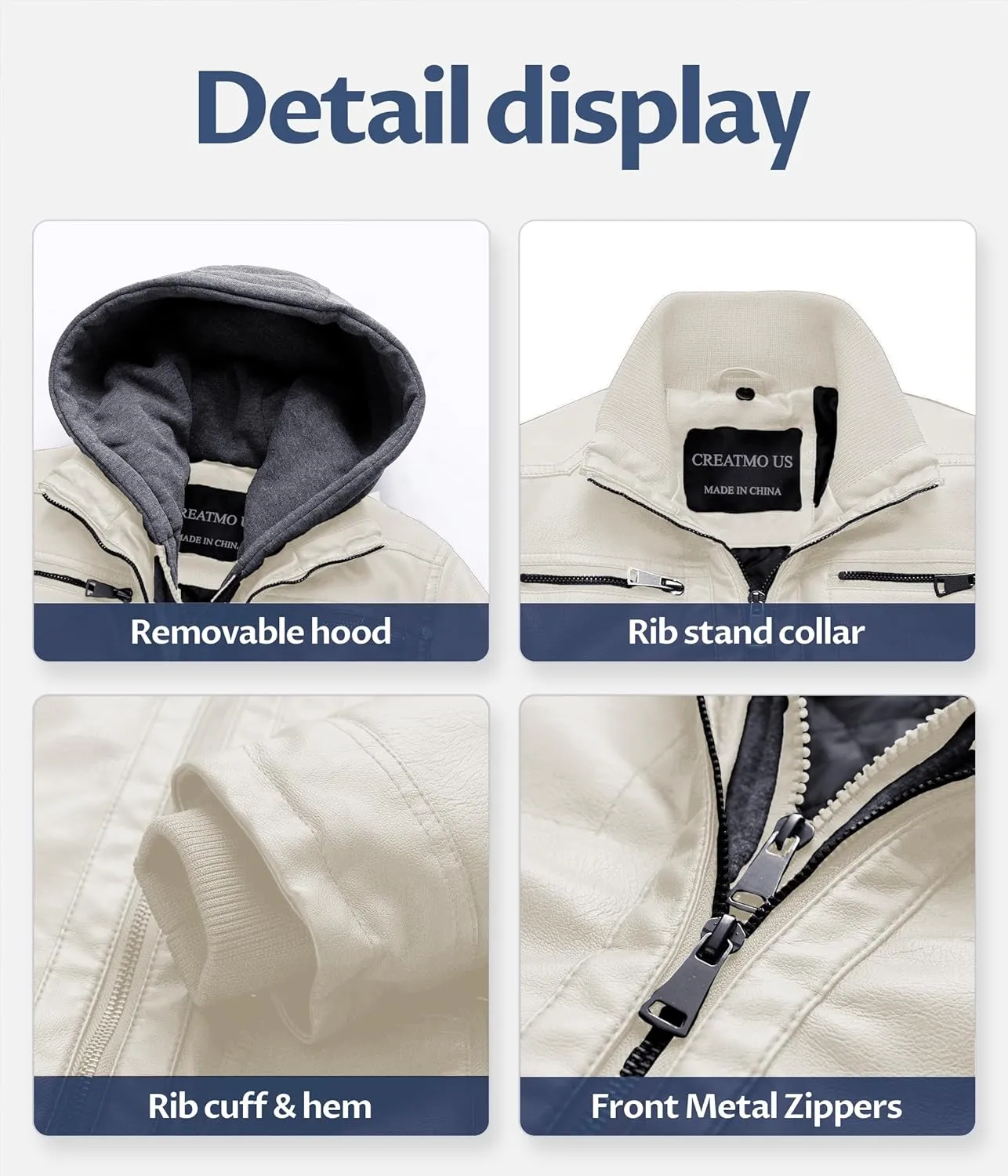 CREATMO US Men's Faux Leather Jacket Motorcycle Jacket Waterproof Windproof PU Moto Vintage Bomber Hoodie with Removable Hood