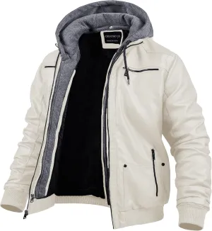 CREATMO US Men's Faux Leather Jacket Motorcycle Jacket Waterproof Windproof PU Moto Vintage Bomber Hoodie with Removable Hood