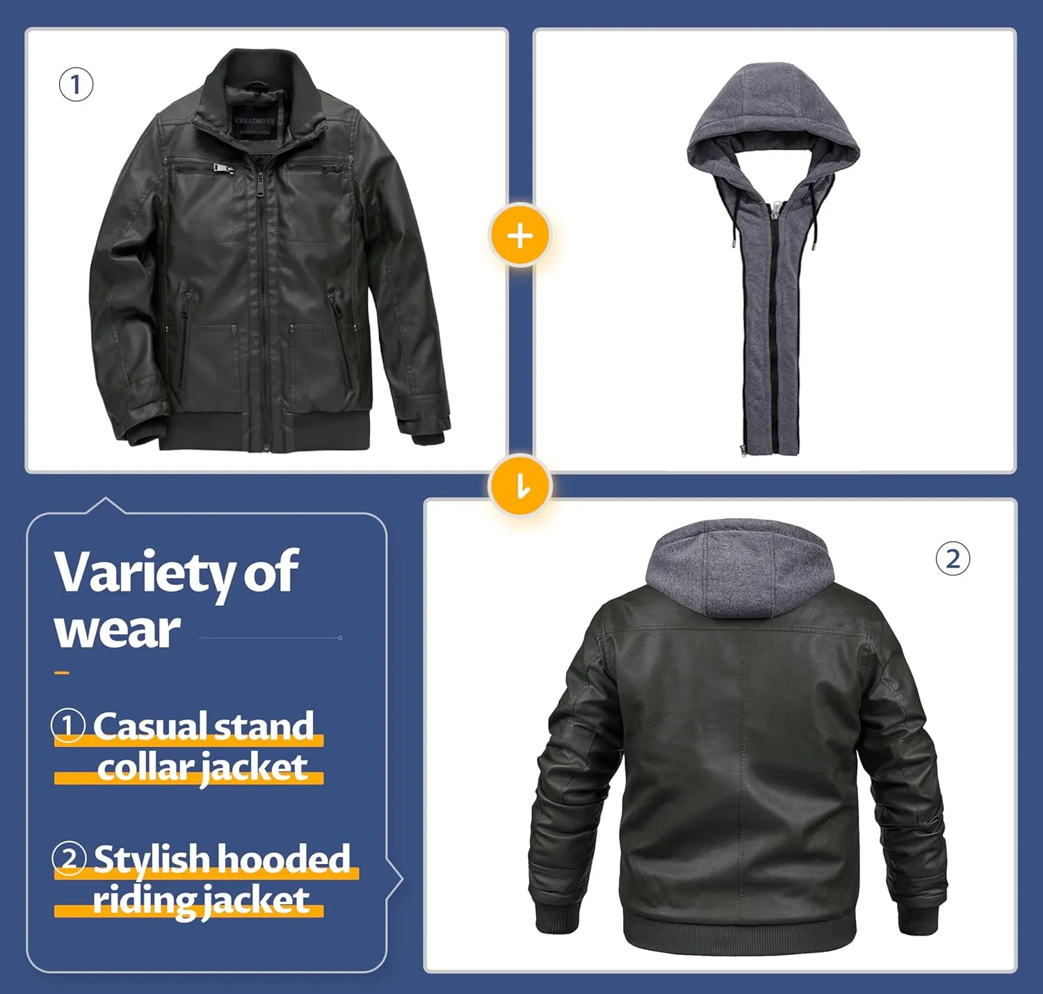 CREATMO US Men's Faux Leather Jacket Motorcycle Jacket Waterproof Windproof PU Moto Vintage Bomber Hoodie with Removable Hood
