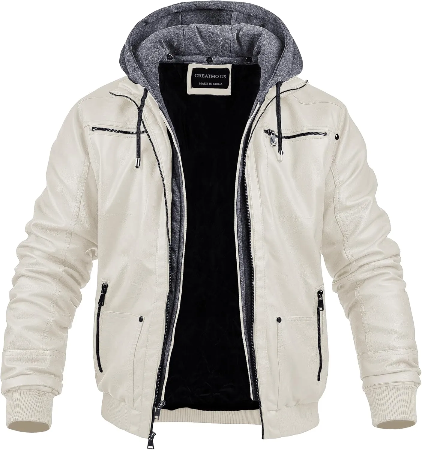 CREATMO US Men's Faux Leather Jacket Motorcycle Jacket Waterproof Windproof PU Moto Vintage Bomber Hoodie with Removable Hood