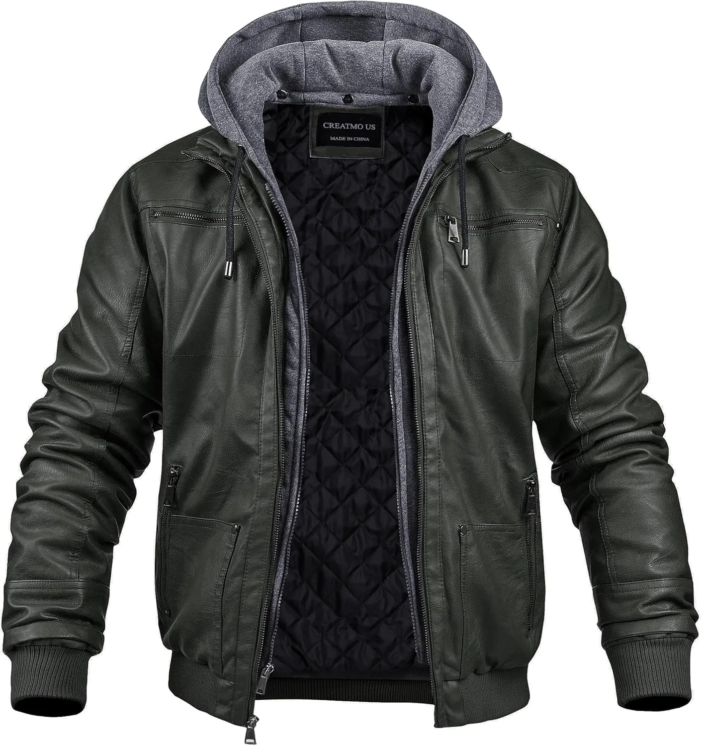 CREATMO US Men's Faux Leather Jacket Motorcycle Jacket Waterproof Windproof PU Moto Vintage Bomber Hoodie with Removable Hood