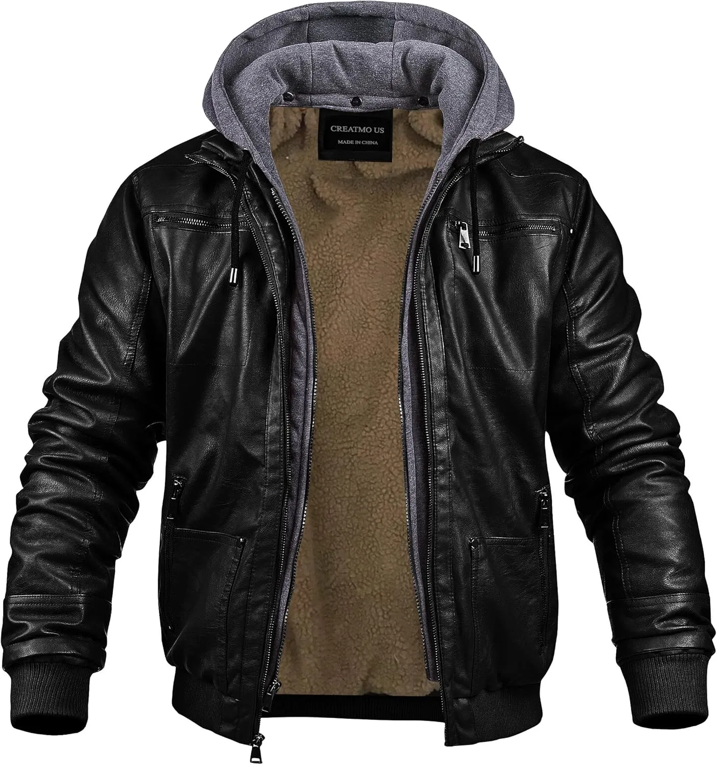 CREATMO US Men's Faux Leather Jacket Motorcycle Jacket Waterproof Windproof PU Moto Vintage Bomber Hoodie with Removable Hood