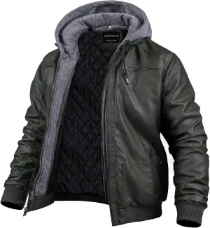 CREATMO US Men's Faux Leather Jacket Motorcycle Jacket Waterproof Windproof PU Moto Vintage Bomber Hoodie with Removable Hood
