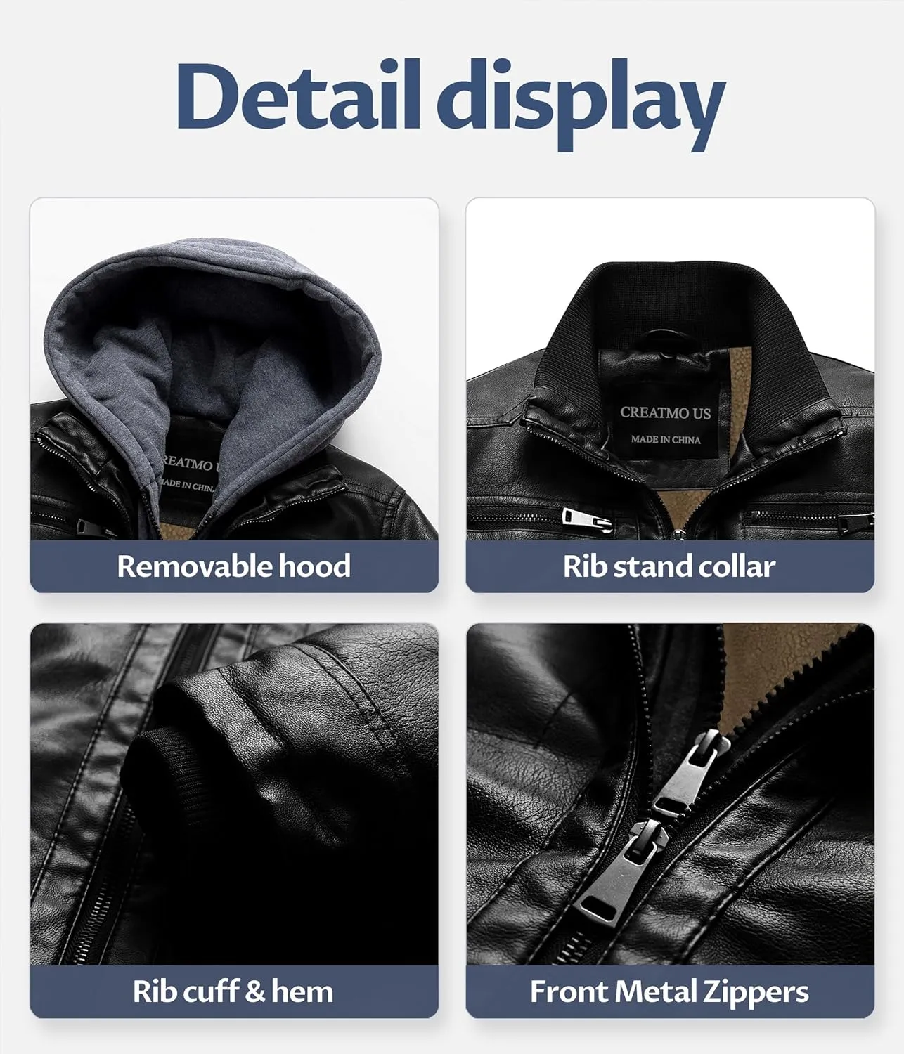 CREATMO US Men's Faux Leather Jacket Motorcycle Jacket Waterproof Windproof PU Moto Vintage Bomber Hoodie with Removable Hood