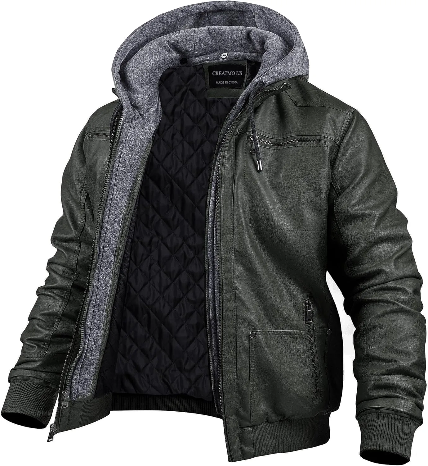 CREATMO US Men's Faux Leather Jacket Motorcycle Jacket Waterproof Windproof PU Moto Vintage Bomber Hoodie with Removable Hood
