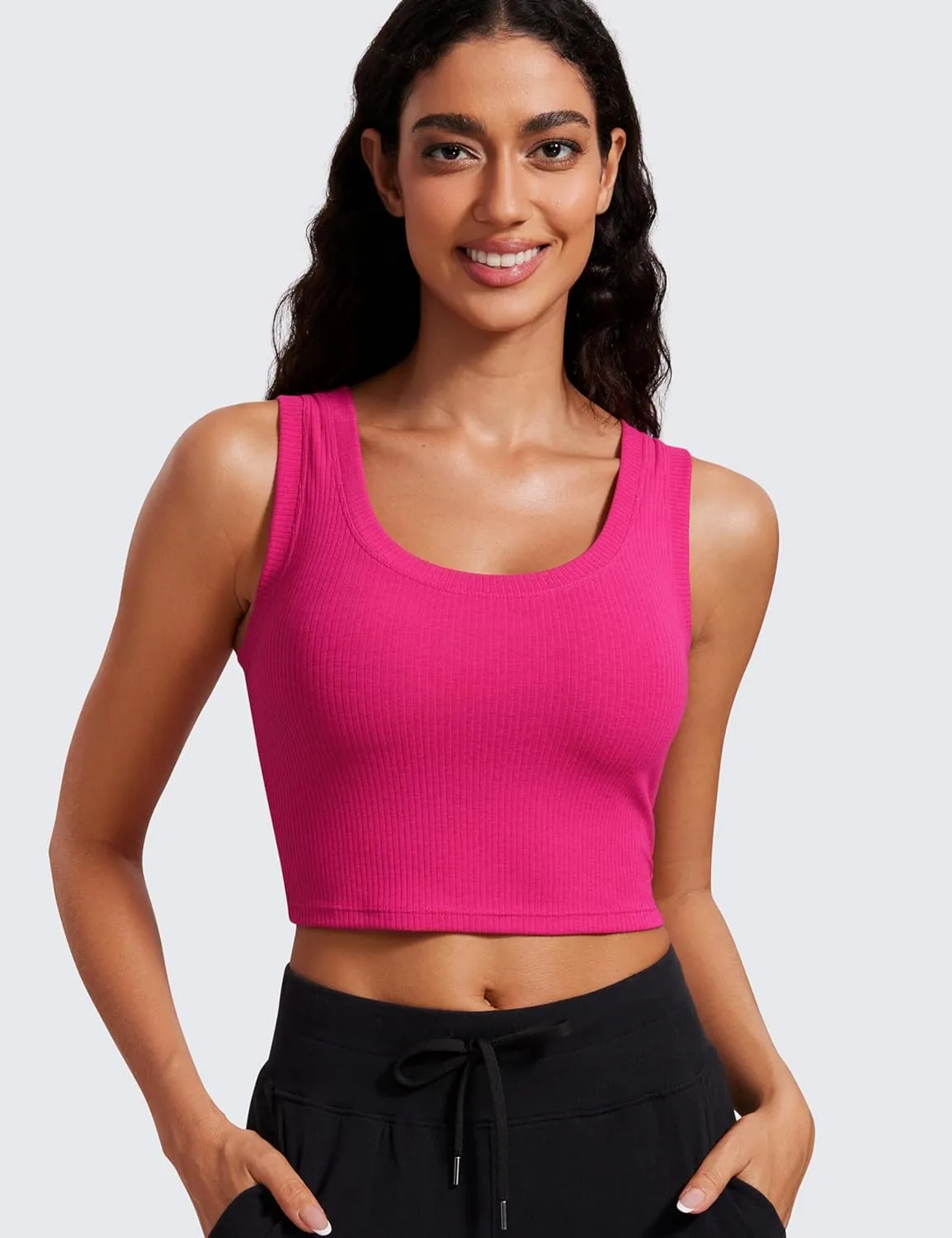 CRZ YOGA Ribbed Crop Fitted Tank Tops for Women Low U-Back Scoop Neck Casual Cropped Sleeveless Workout Yoga Shirt