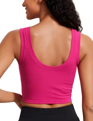 CRZ YOGA Ribbed Crop Fitted Tank Tops for Women Low U-Back Scoop Neck Casual Cropped Sleeveless Workout Yoga Shirt