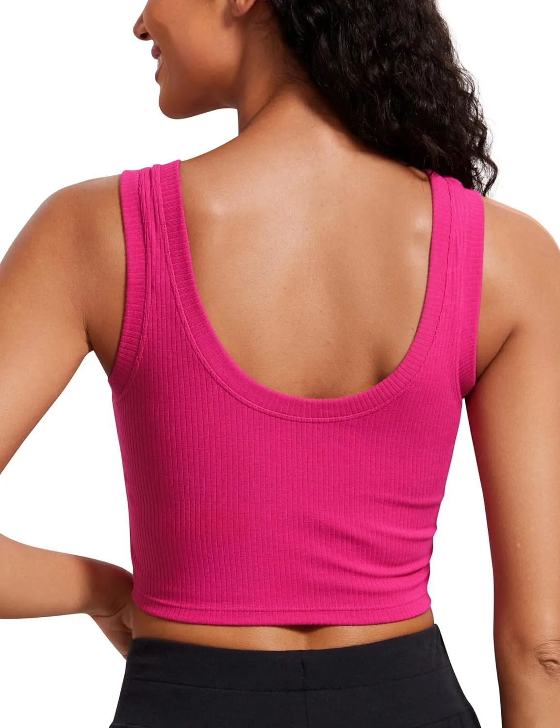 CRZ YOGA Ribbed Crop Fitted Tank Tops for Women Low U-Back Scoop Neck Casual Cropped Sleeveless Workout Yoga Shirt