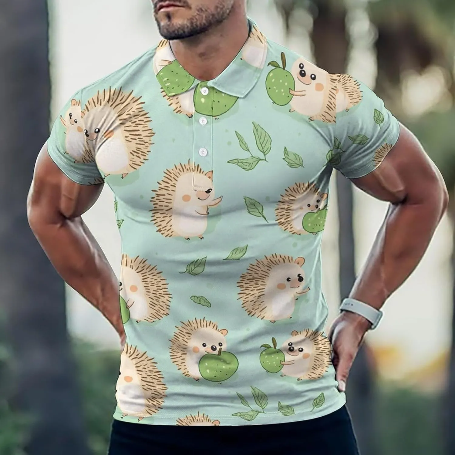 Cute Hedgehogs Slim Fit Men's Short Sleeve Polo Shirts Quick-Dry Breathable Golf T-Shirt Tops