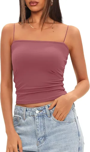 Darong Women's Tank Tops with Built-in Bra Spaghetti Straps Crop Tank Top Summer Y2K Going Out Sleeveless Cami Shirt