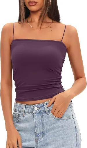 Darong Women's Tank Tops with Built-in Bra Spaghetti Straps Crop Tank Top Summer Y2K Going Out Sleeveless Cami Shirt