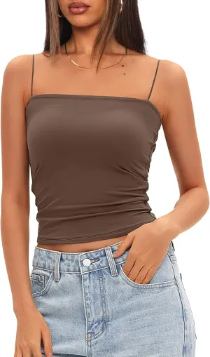 Darong Women's Tank Tops with Built-in Bra Spaghetti Straps Crop Tank Top Summer Y2K Going Out Sleeveless Cami Shirt