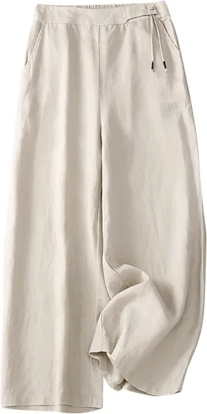 DASAYO Linen Pants for Women Trendy Elastic Waist Casual Cropped Palazzo Pants Laides Summer Beach Flowy Wide Leg Trousers